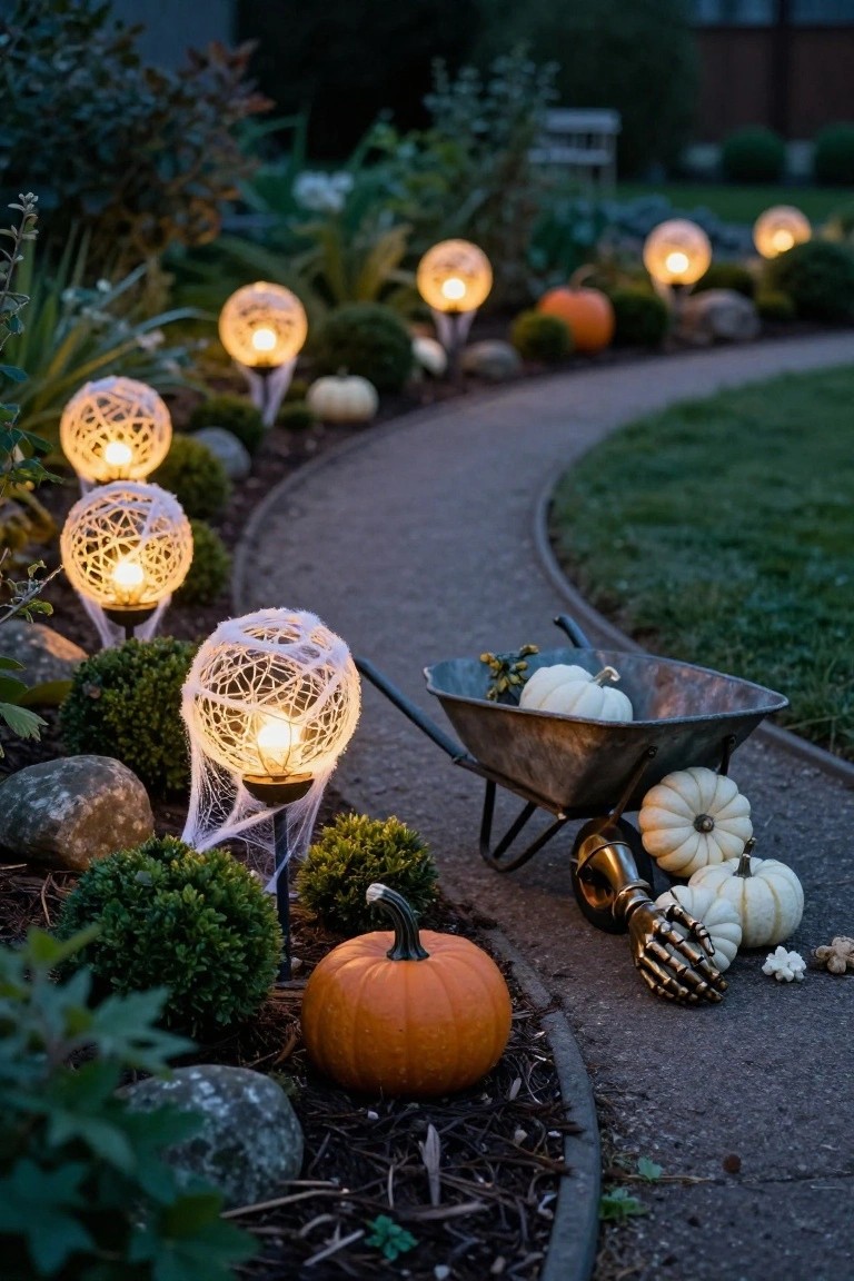 Curving gravel garden path at dusk lined with glowing white yarn-wrapped orb lanterns on stakes amid bushes, rocks, and white pumpkins in a metal wheelbarrow, with an orange pumpkin and golden skeleton hand prop nearby.