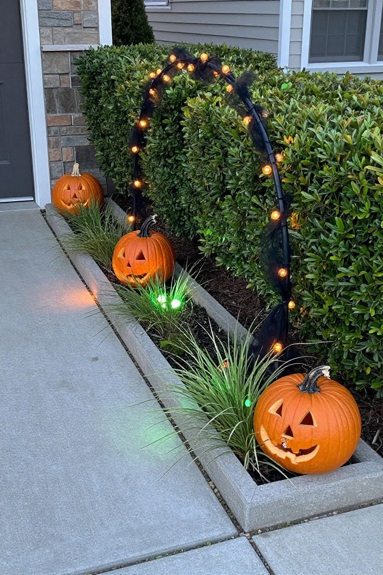 Black arched frame draped with orange string lights over a green hedge beside a concrete walkway, with carved orange pumpkins in a landscaped bed and green ground lights.