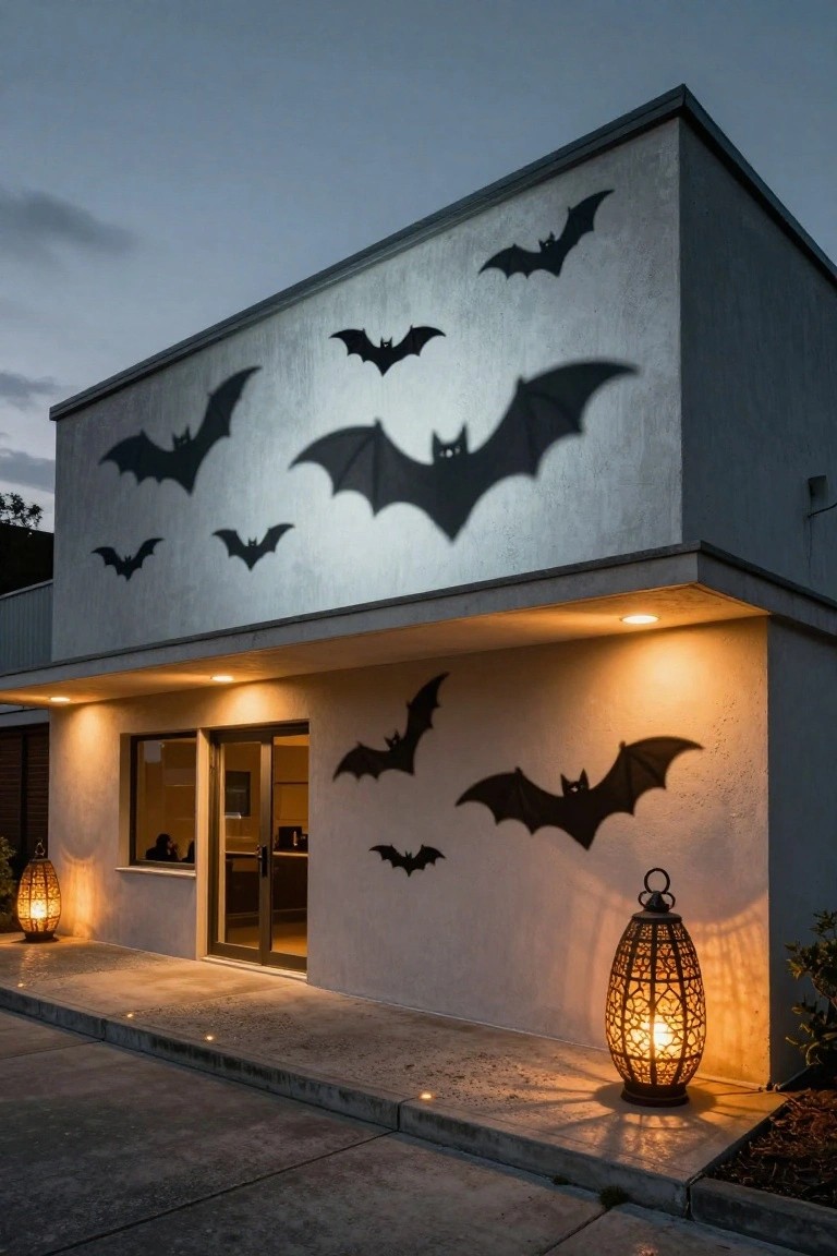 White modern building exterior at dusk with black bat silhouettes and shadows on the walls, two lit woven lanterns flanking the glass entry door, recessed lights along the walkway, and minimal landscaping nearby.