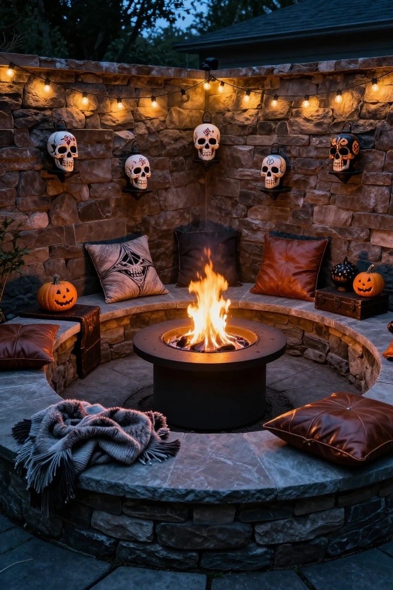 Curved stone bench seating area with cushions, pillows, and blankets around a central black fire pit with flames, against stone walls lined with hanging skull decorations and string lights, plus Halloween pumpkins and a small box nearby, at dusk.