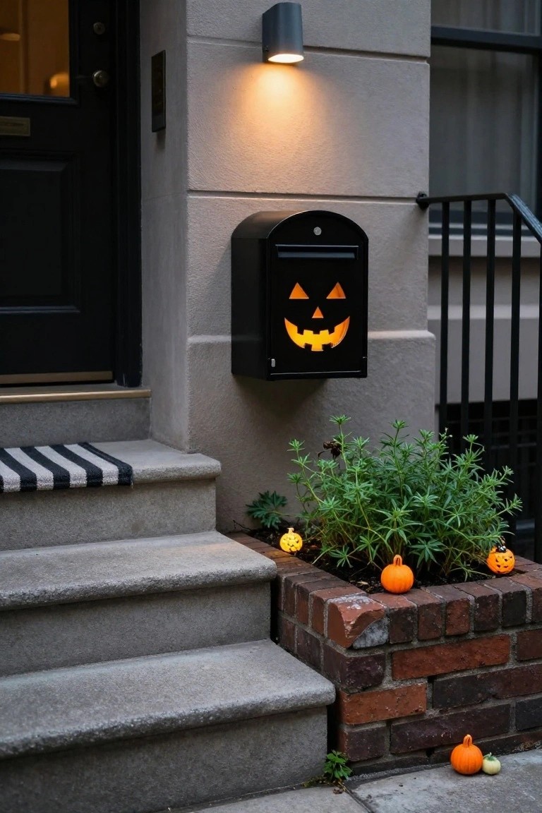 Black metal mailbox with illuminated orange jack-o-lantern face cutout mounted on stone exterior wall beside front door and steps, with small lit pumpkins in brick planter below.