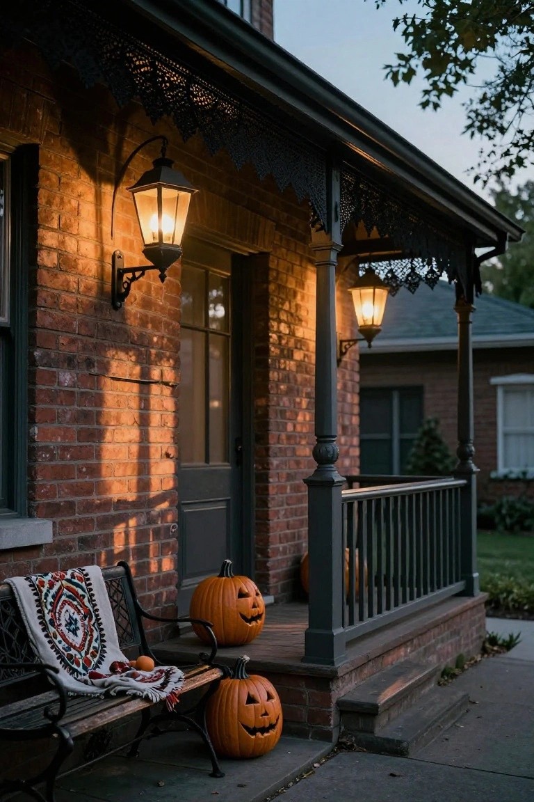 Brick house porch at dusk with wall-mounted and post-mounted lit lanterns, carved jack-o-lanterns on steps and porch, bench draped with patterned blanket, and small orange on bench.