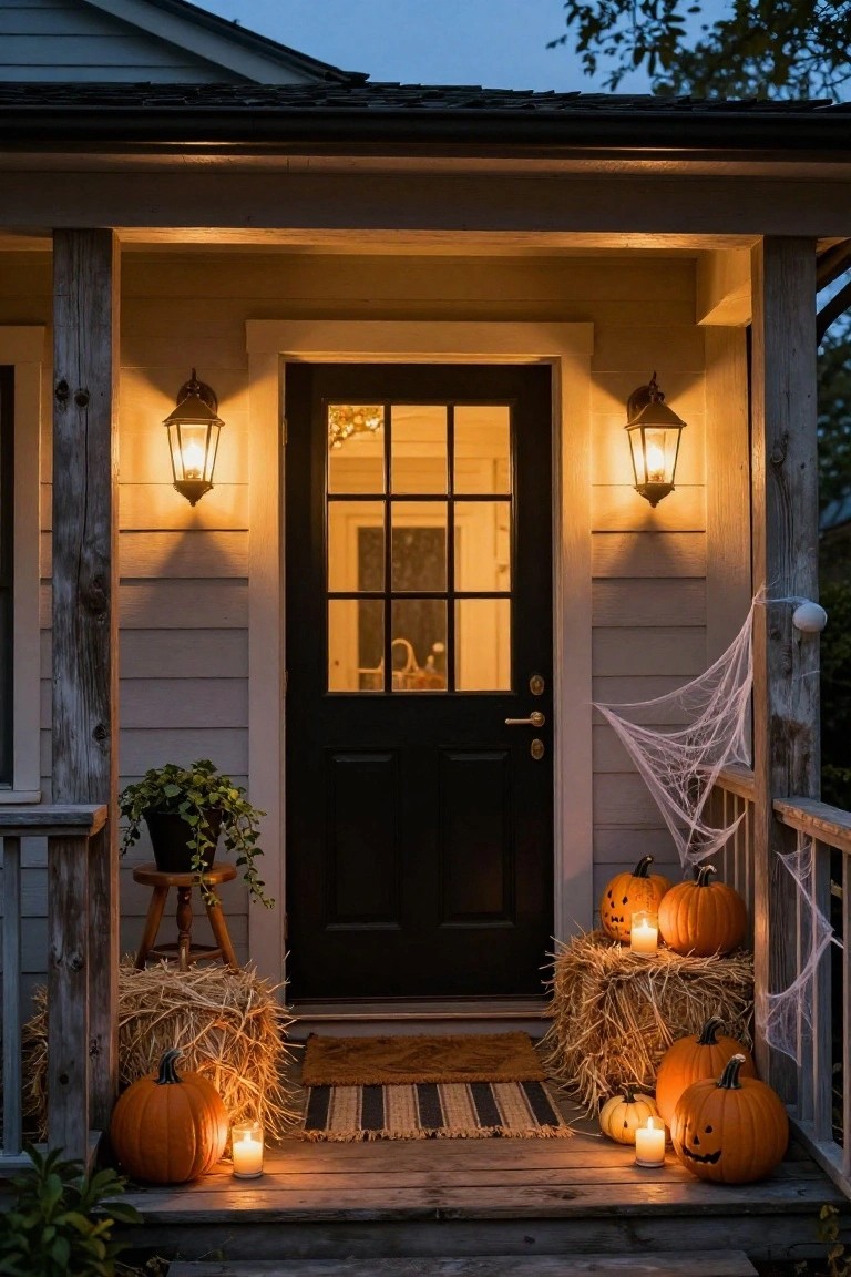 Front porch of a light gray house at dusk decorated for Halloween with wall-mounted lit lanterns flanking a black door with glass panels, carved pumpkins and candles on steps beside hay bales, cobwebs, and potted plants.