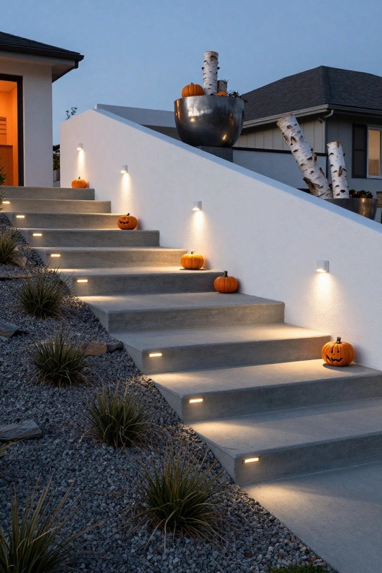 Concrete outdoor stairs with recessed warm lights on each step, small Halloween pumpkins placed on treads and edges, white wall with wall-mounted lights, gravel and grass landscaping beside stairs leading to a modern house at dusk.