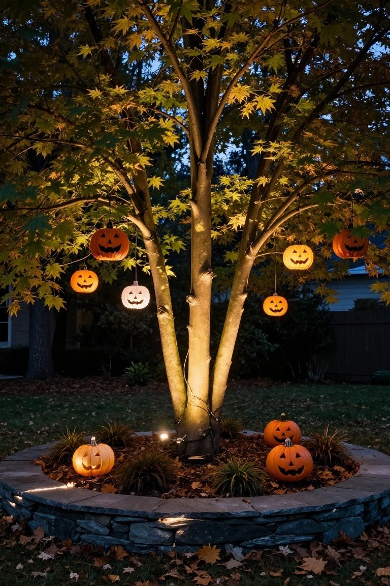 A lit maple tree with orange fall leaves has orange and white jack-o-lantern lanterns hanging from branches, more pumpkins sit in a circular stone planting bed at the base, and string lights wrap the trunk at dusk.