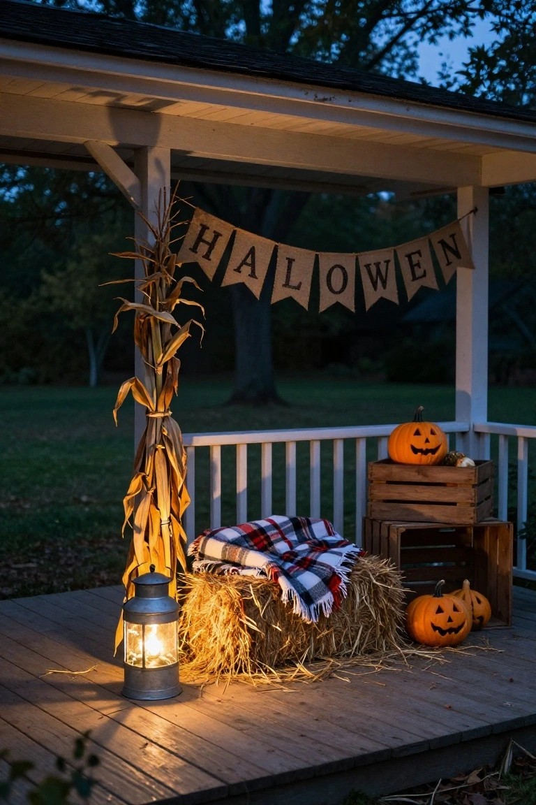 Wooden porch at dusk decorated for Halloween with cornstalks tied to posts, hay bales covered in a plaid blanket, wooden crates with pumpkins, carved jack-o-lanterns, and a lit metal lantern on the deck.