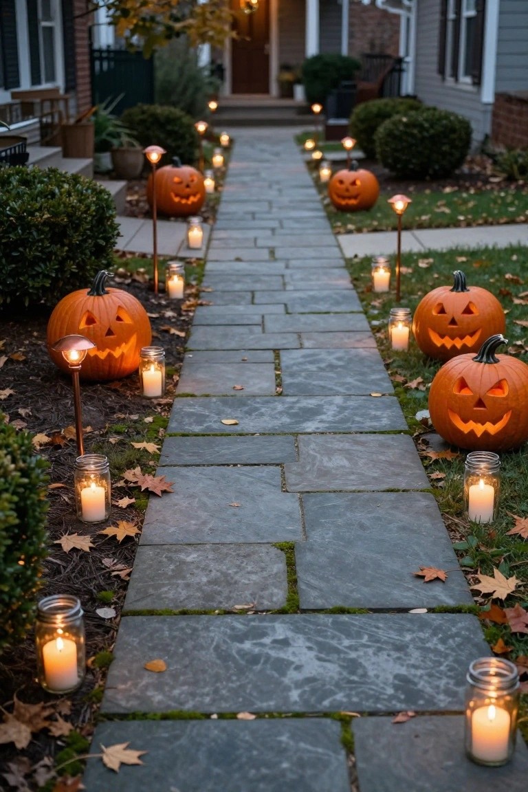 Stone pathway leading to a house front door at dusk, lined on both sides with jack-o-lantern pumpkins on metal stakes and mason jar candles, surrounded by bushes and fallen leaves.