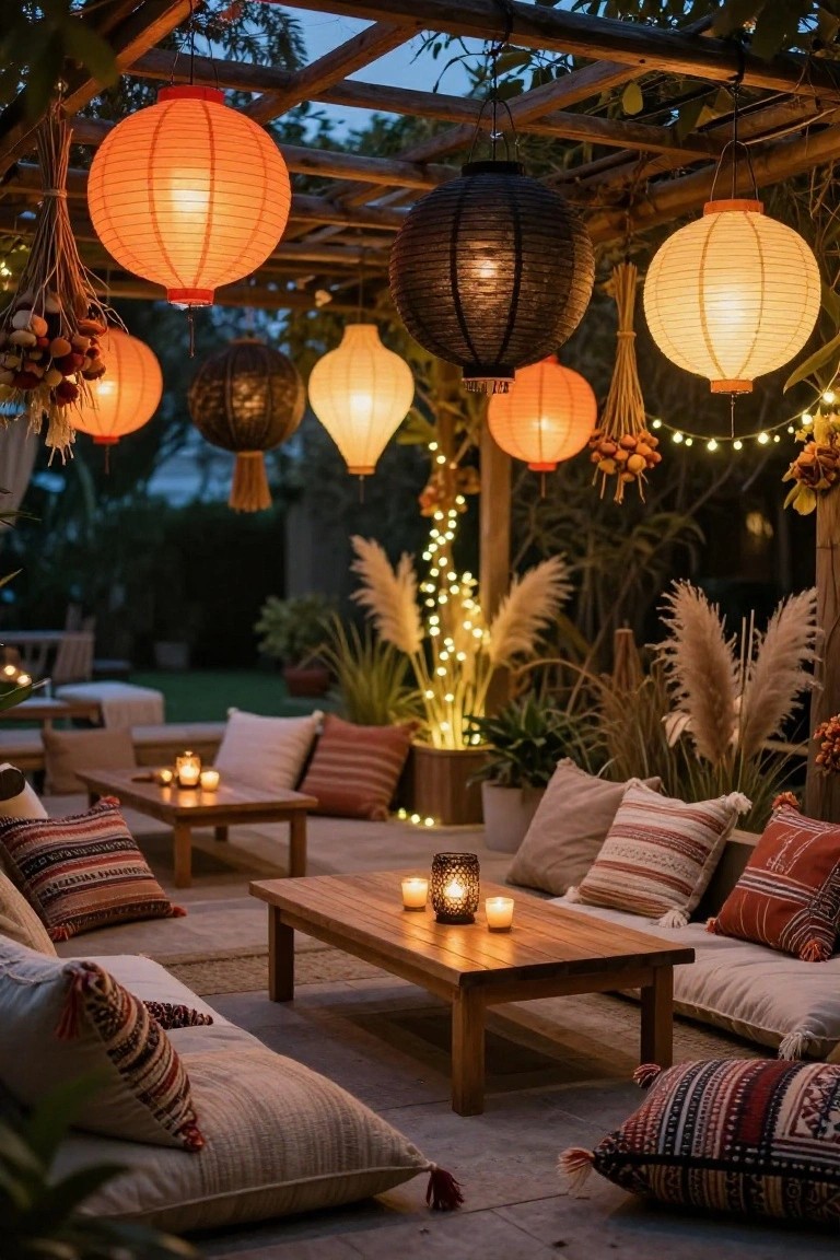 Pergola-covered outdoor patio with hanging orange, red, black, and white paper lanterns, string lights, pampas grass, dried plants, floor cushions, wooden low table, candles, and potted greenery at dusk.