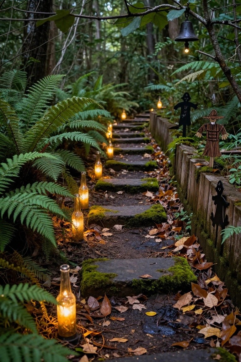 Stone steps winding through dense green ferns and trees in a forest setting, lined with glowing lanterns inside empty glass bottles, flanked by a wooden fence with metal cutout figures and a scarecrow.