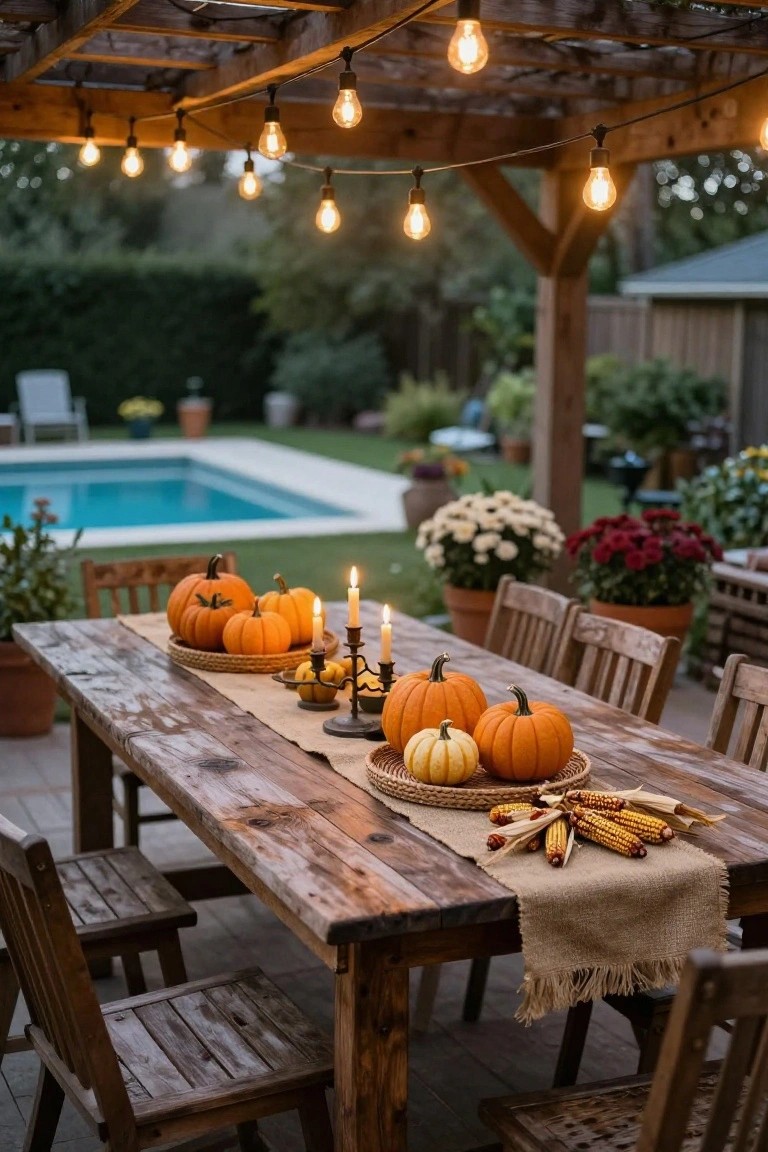 Wooden pergola over an outdoor dining table set with pumpkins, candles, cornstalks, and woven baskets, illuminated by strung Edison bulb lights at dusk near a pool and garden.