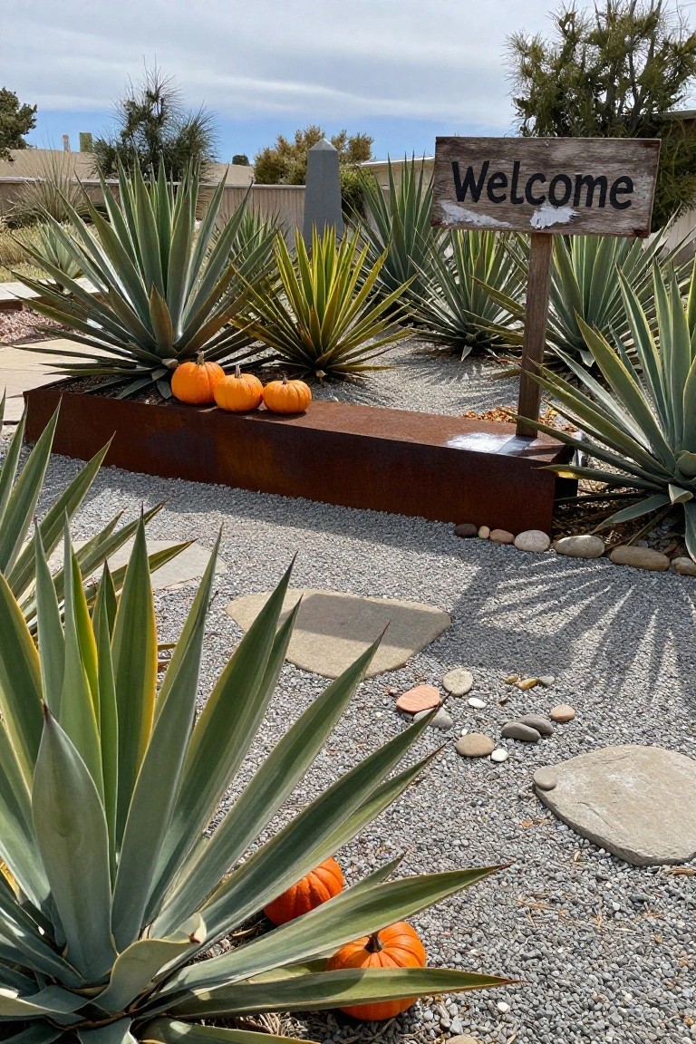 Gravel garden path edged with agave plants, orange pumpkins placed among the plants and on a long rusty metal planter box, stone stepping stones, and a wooden Welcome sign on a post.