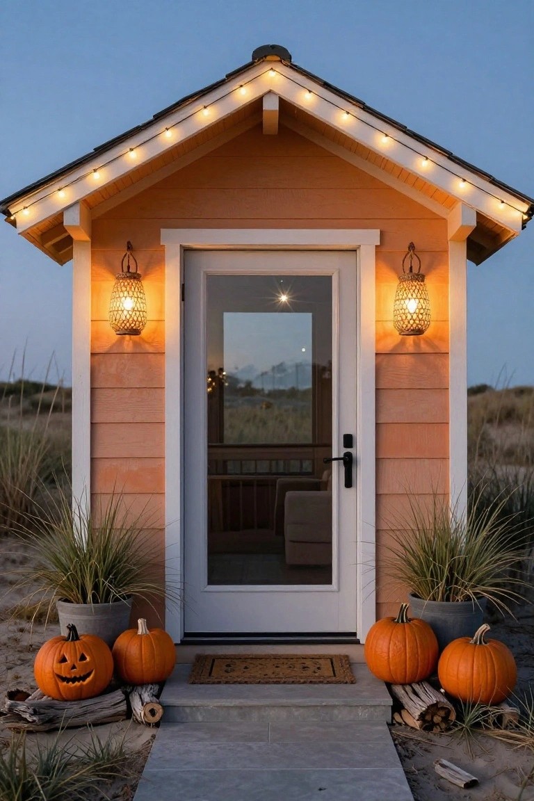 Small orange wood-sided cabin on sandy beach with white string lights along peaked roof eaves, woven hanging lanterns flanking glass front door, carved jack-o-lantern and plain pumpkins on steps with driftwood and potted dune grasses.