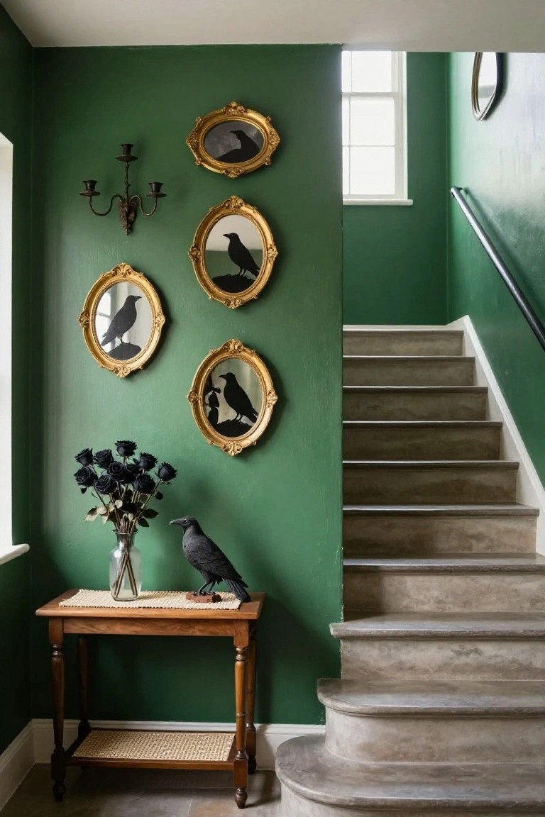 Deep green wall in a stairwell with four gold-framed oval silhouettes of crows, a three-arm candle sconce, wooden side table holding black roses in a glass vase and a crow figure, beside concrete stairs with black railing.