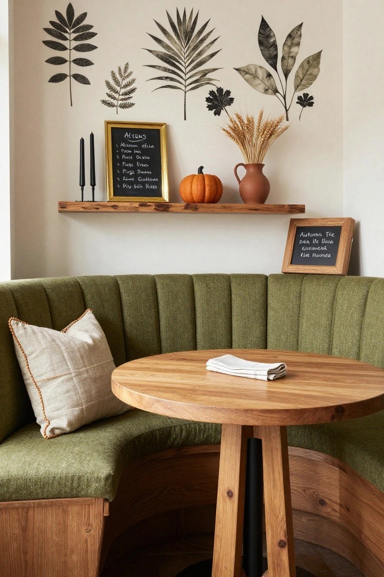 Curved green tufted banquette booth around a round wooden table with a linen napkin, beige wall with black leaf silhouettes, wooden shelf holding wheat bundles, small pumpkins, candles, and gold-framed blackboard listing autumn drinks, plus a wood-framed 