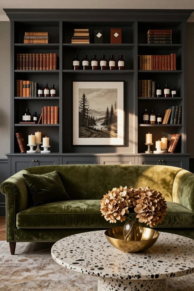 Dark built-in bookshelves filled with leather-bound books, brown glass apothecary bottles, and white candles flanking a framed painting of a forested landscape, with a green velvet sofa and terrazzo coffee table in front.