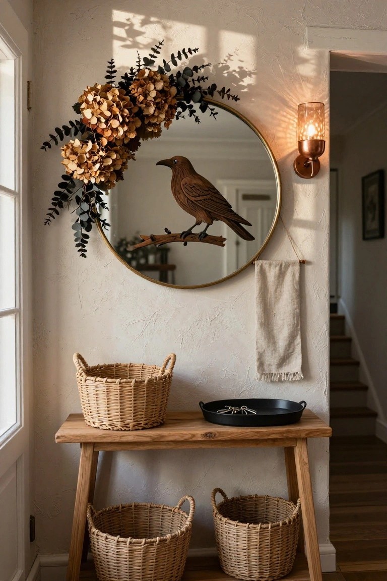 Interior entryway with a wooden bench holding two wicker baskets and a black tray with keys, beside a large gold round mirror framed by dried hydrangeas, eucalyptus leaves, and a wooden raven on a branch, plus a copper wall sconce and hanging linen towel.