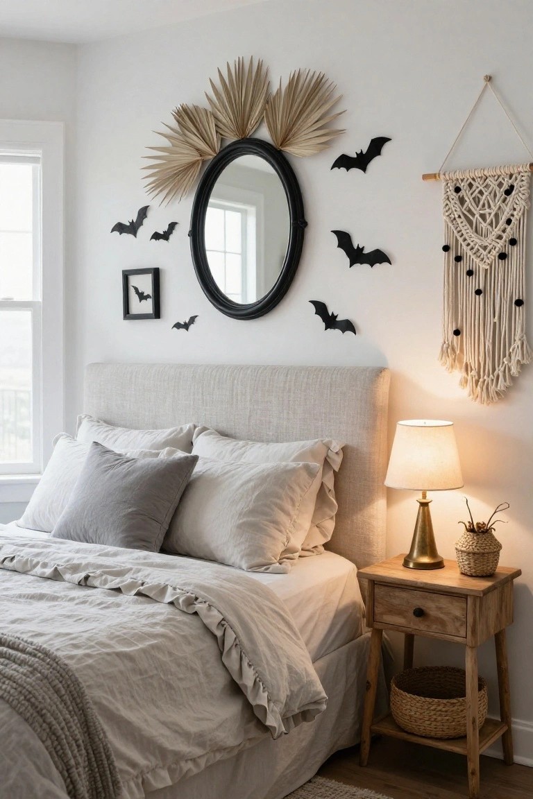 Oval black-framed mirror on a white wall surrounded by beige dried palm fronds and multiple black bat cutouts, above a beige upholstered bed with gray and white pillows and a wooden nightstand with lamp in a bedroom.