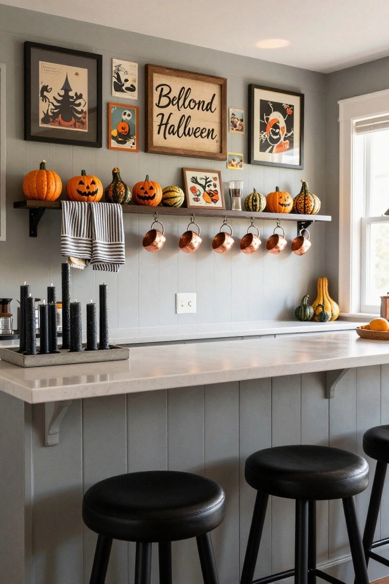 Gray shiplap kitchen wall with wooden brackets holding shelves of orange pumpkins, copper mugs, black and white towels, and Halloween signs and artwork above a white countertop, black pillar candles, and black stools.