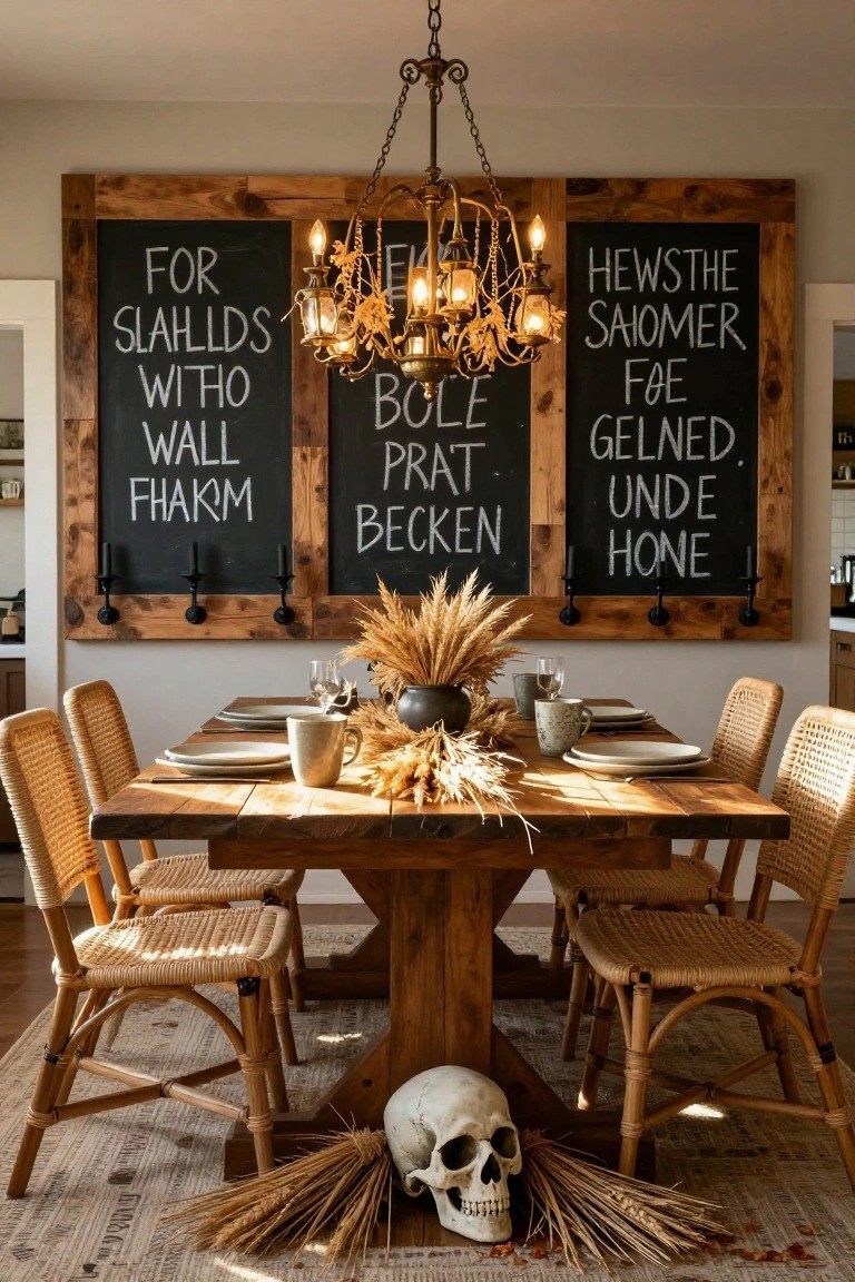 Dining room with wooden table, rattan chairs, brass chandelier above, three large wooden-framed black chalkboards on wall with white Halloween writing, wheat sheafs on table and floor, gray mug, and white skull under table.
