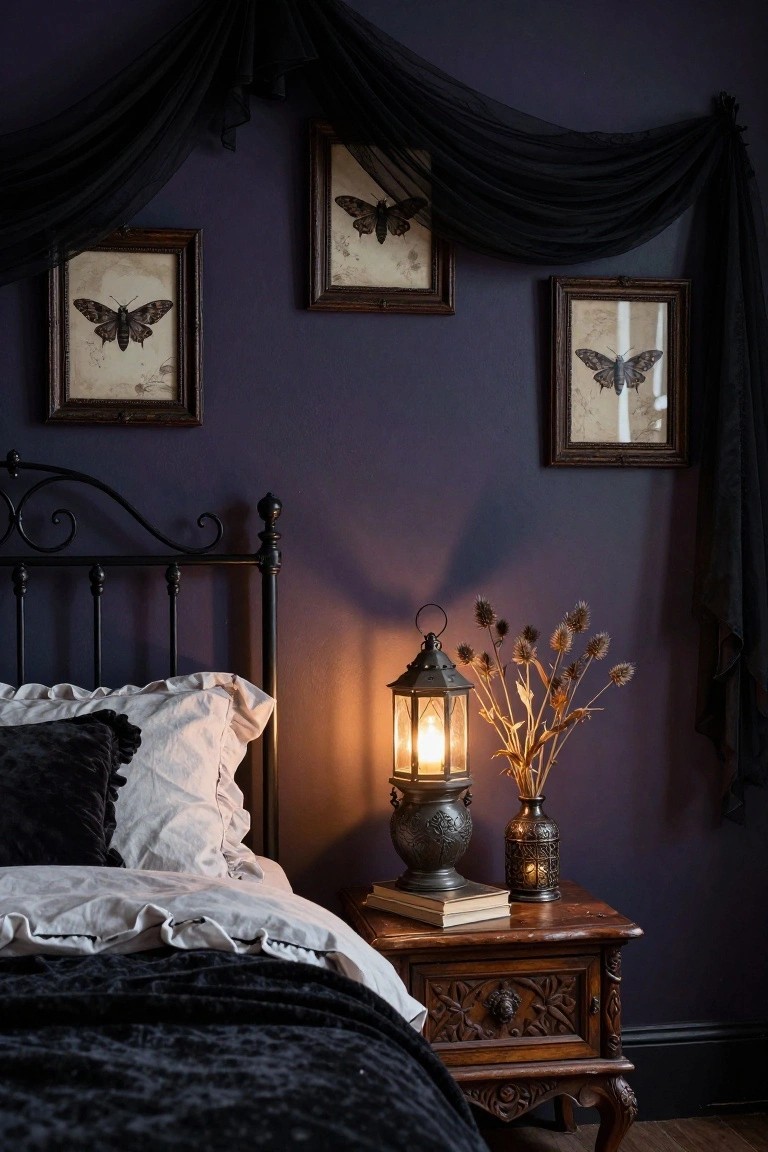 A bedroom interior with deep purple walls displaying three antique-style framed illustrations of moths, black draped fabric overhead, a black iron bed with white ruffled sheets and black pillows, a lit metal lantern and dried thistles on a carved wooden nightstand.