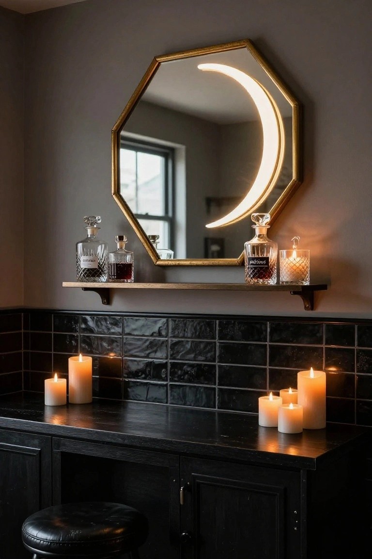 Gold octagonal mirror with integrated glowing white crescent moon backlight mounted above a wooden shelf holding two glass decanters and a lit candle, black glossy subway tile backsplash, black wood vanity with multiple white candles on top and black leather stool in front