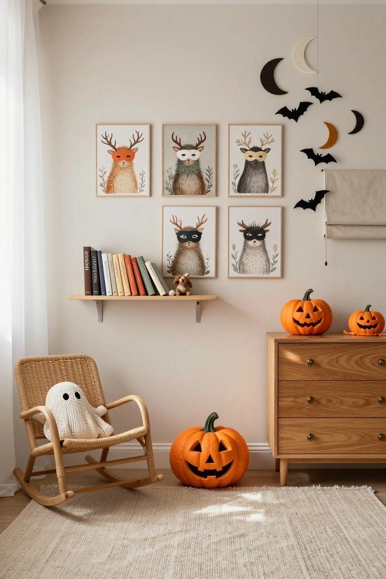 A nursery corner with a wall gallery of framed illustrations showing deer and hedgehogs wearing Halloween masks, flanked by hanging black bats and crescent moons, plus bookshelves, carved pumpkins, a wicker rocking chair holding a knit ghost toy, and a wooden dresser.