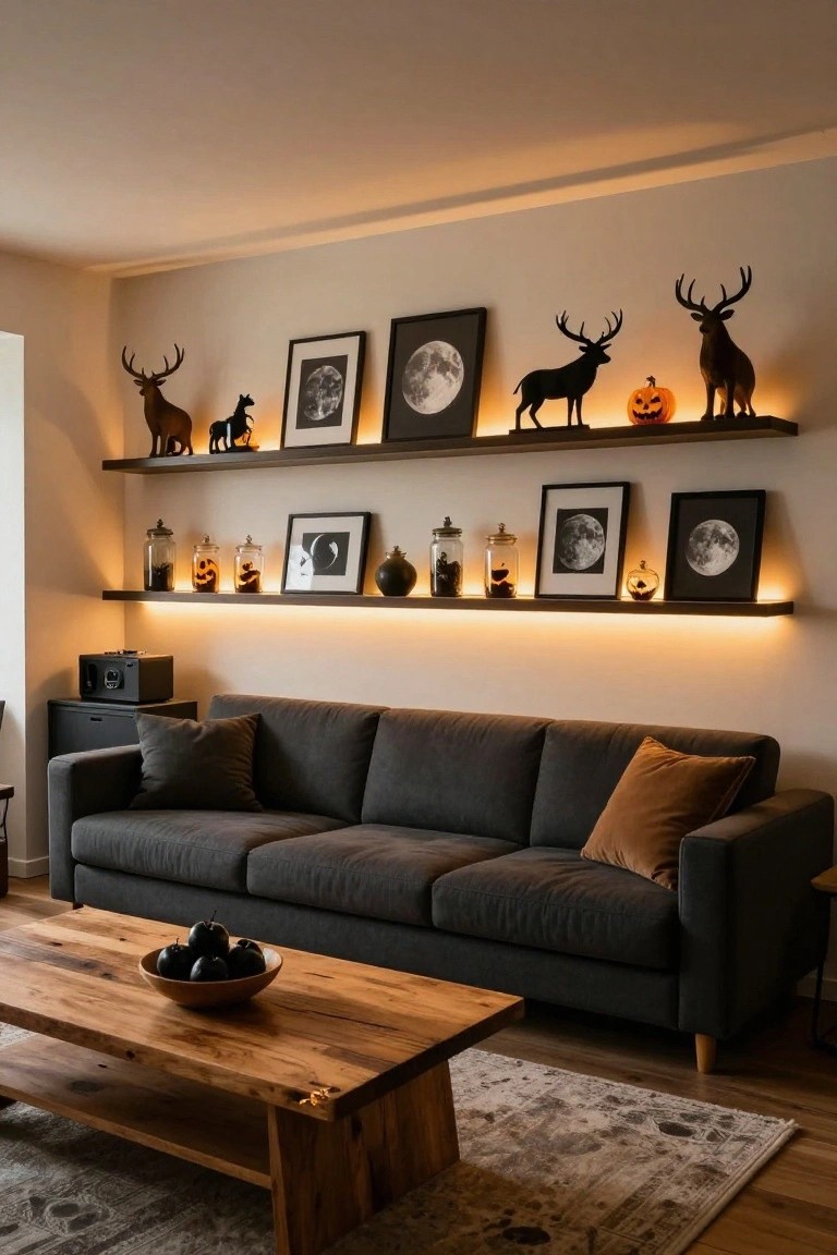 Modern living room with floating wooden shelves on white wall holding black deer silhouettes, jack-o-lanterns, glass jars, black moon photographs, and LED lighting strips underneath, beside gray sofa, wooden coffee table with apples, and beige rug.