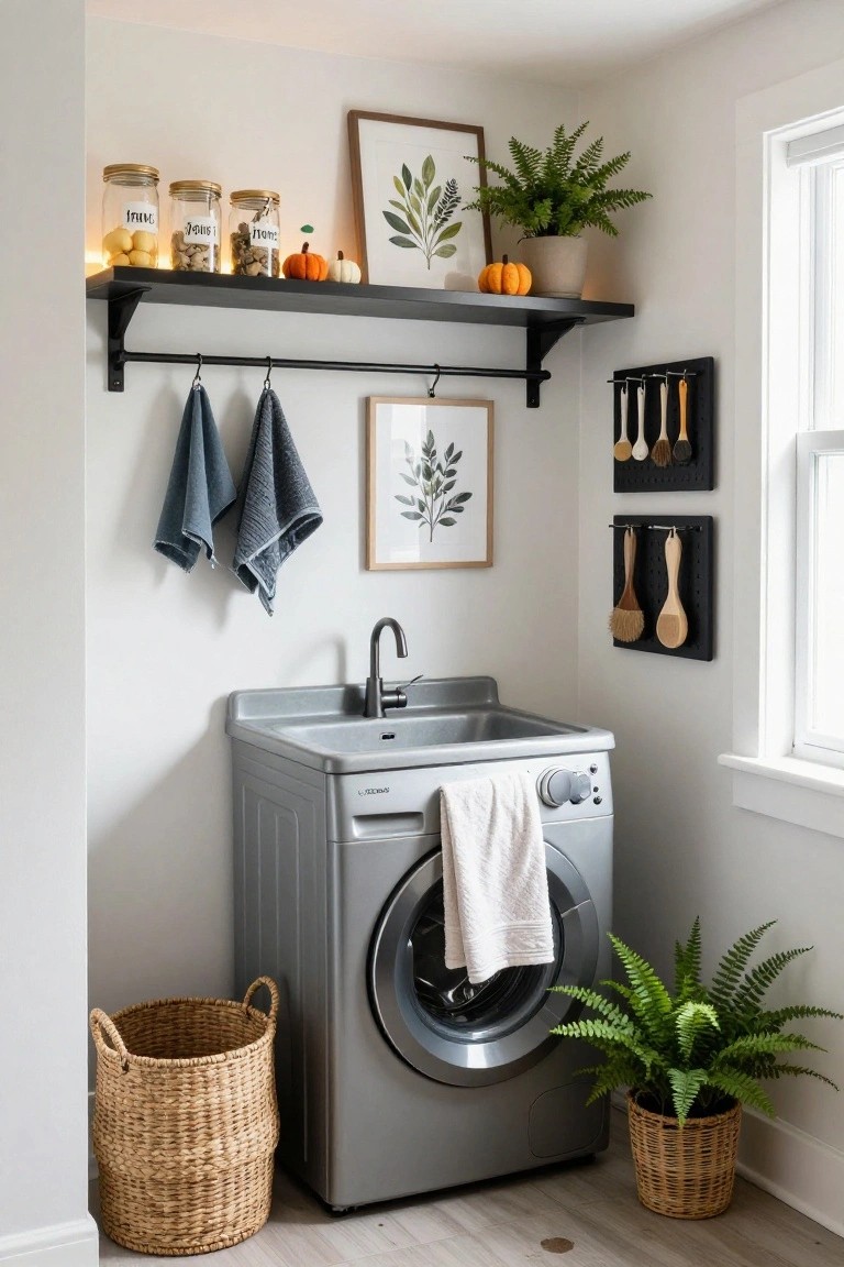 Laundry room corner with silver front-loading washer, utility sink, black floating shelf holding three labeled jars filled with items and small pumpkins, hanging blue towels, plants in baskets, and wooden utensil racks on white walls.