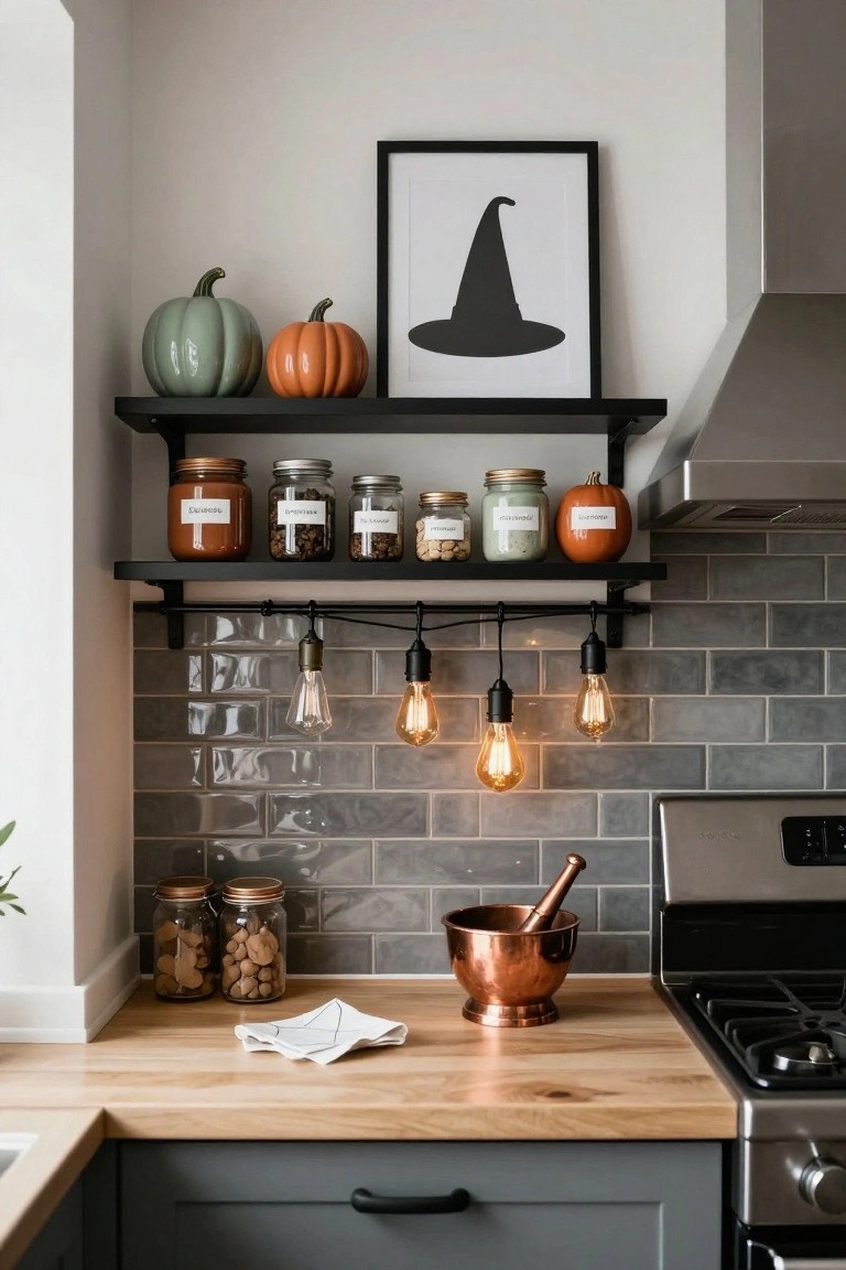 Kitchen corner showing black floating shelves with jars labeled 