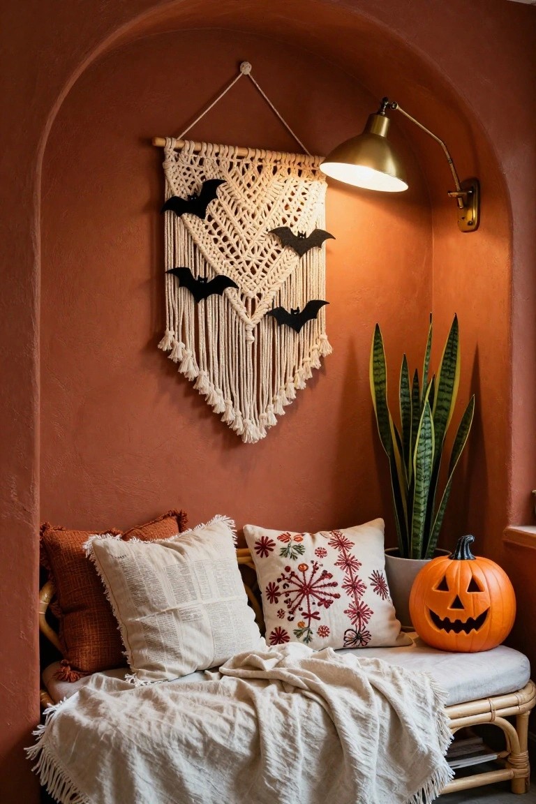 Arched terracotta indoor nook with white macrame wall hanging featuring black bat cutouts, gold lamp, snake plant in pot, carved pumpkin, assorted pillows, and bench with beige throw blanket.