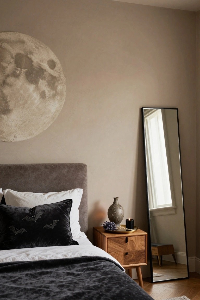 Bedroom with large beige textured moon decal on beige wall above gray upholstered bed with white sheets, black velvet pillows embroidered with bats, dark throw blanket, wooden nightstand holding gray candle, textured vase with purple dried flowers, black full-length mirror, and hardwood floors.