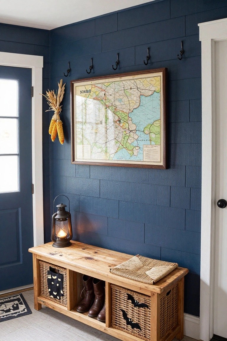 Entryway with navy shiplap walls, wooden bench storage with wicker baskets featuring bat shapes, tall black boots inside, hanging cornstalks, coat hooks, framed map, lantern, and blue door.