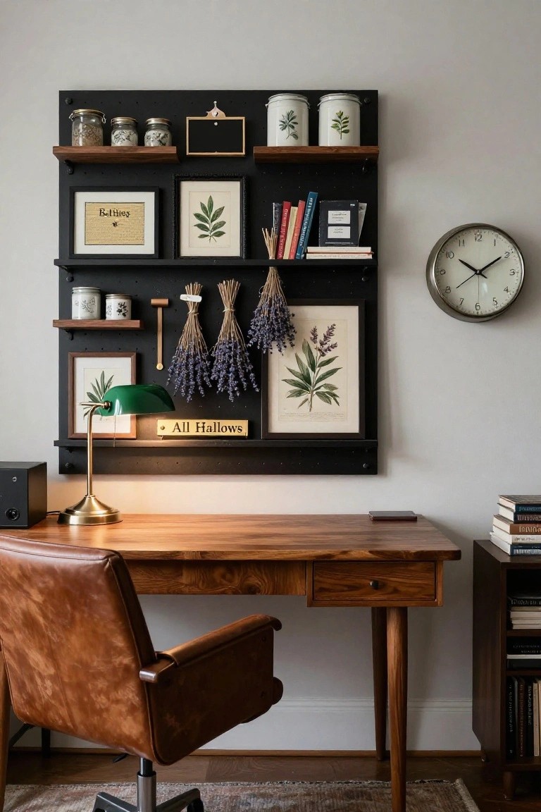 Home office with wooden desk, leather chair, and black pegboard wall holding jars, dried lavender bundles, botanical prints, books, and plaques labeled 