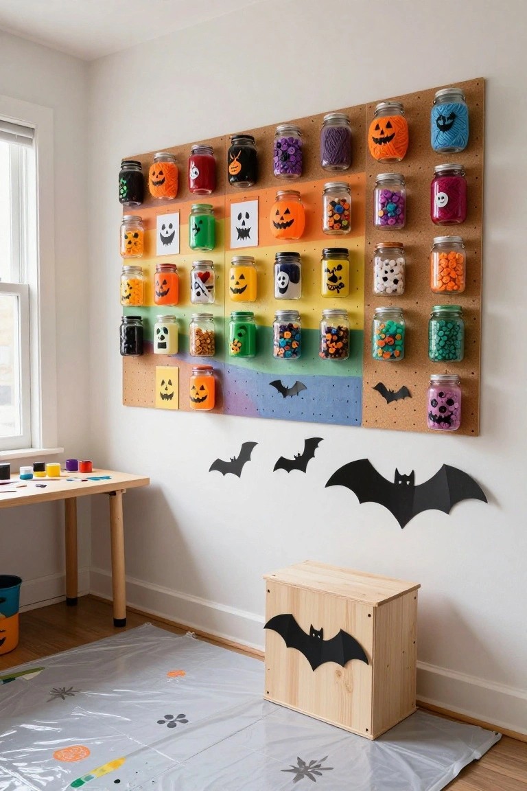 Pegboard wall mounted with dozens of colorful mason jars filled with Halloween candies and decorated with painted jack-o-lantern and ghost faces, in a bright indoor room with a craft table, bats, and a wooden box.