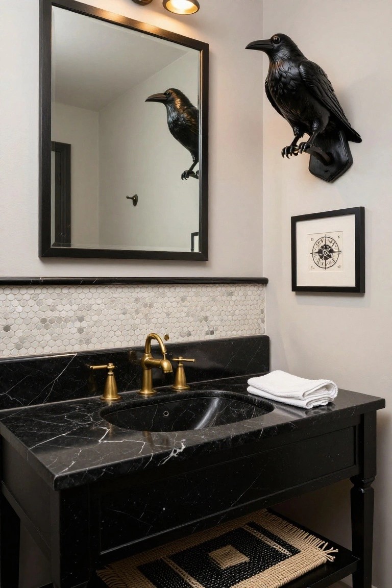 Bathroom with black marble vanity, gold faucet and handles, white towel on counter, large black framed mirror above, mounted black raven sculpture on wall, and small framed compass artwork nearby.