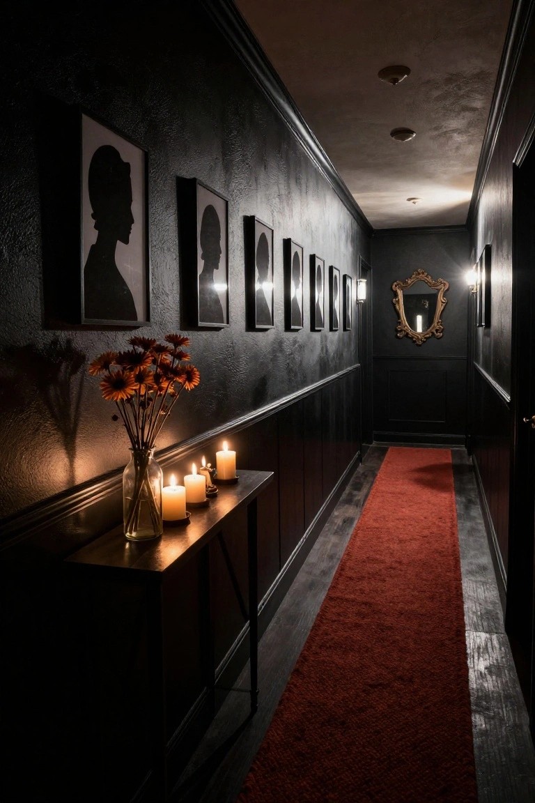 Narrow dark hallway with black textured walls, a row of framed black silhouette portraits, console table with orange flowers and lit candles, red carpet runner, and ornate gold mirror at the end.