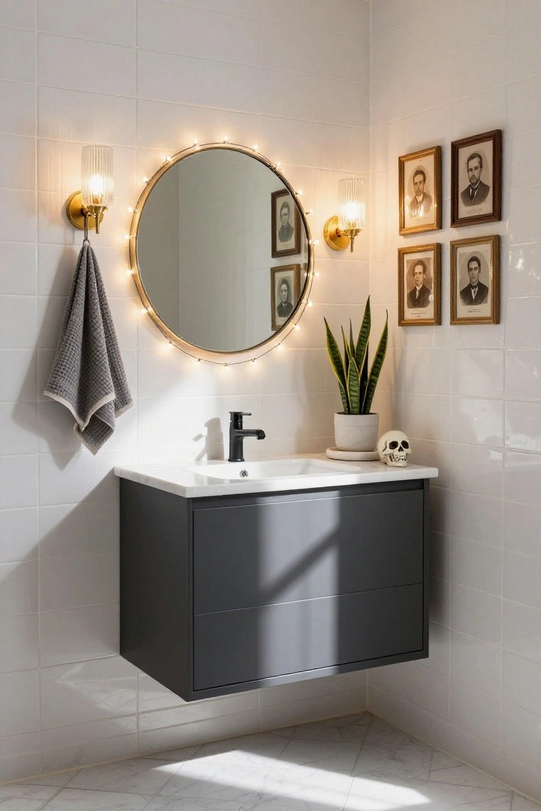 Corner bathroom with white subway tile walls, floating gray vanity and white sink with black faucet, round mirror lit by LED string lights, gray towel hanging nearby, potted snake plant, white skull on counter, and four small gold-framed black-and-white portraits of men on the wall above the vanity.