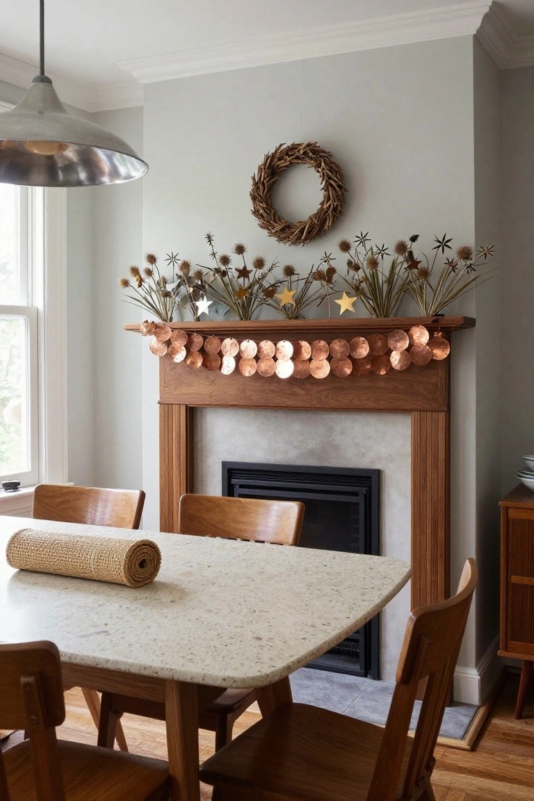 Gray-walled interior room with wooden fireplace mantel decorated with dried thistles, star shapes, and hanging copper circle garland, adjacent to white table with rolled seagrass placemat and wooden chairs.