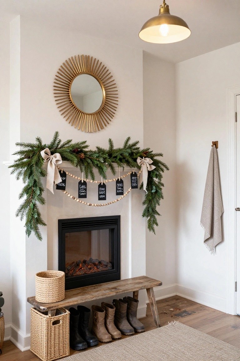 White-walled interior with gold sunburst mirror above a gas fireplace mantel draped in green garland with white bows, pinecones, and black tags on wooden beads, wooden bench holding boots and seagrass baskets nearby.