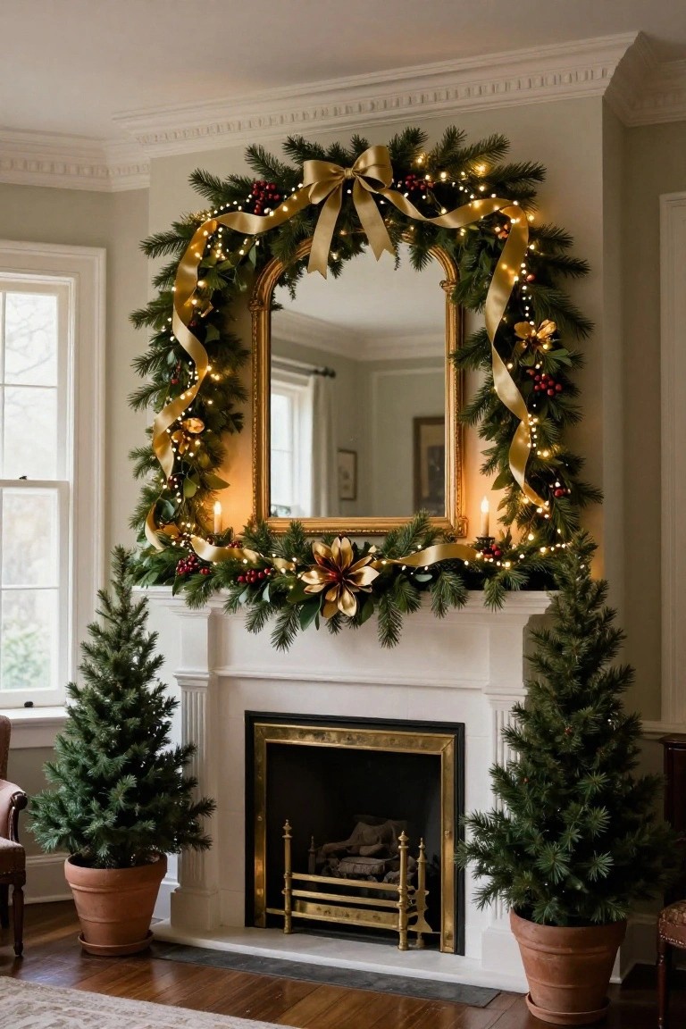 White marble fireplace mantel with layered evergreen garland, gold ribbons, red berries, gold flowers, and fairy lights extending up around a large arched gold-framed mirror, flanked by two potted Christmas trees in terracotta pots, in a pale green-walled room with windows and chairs.