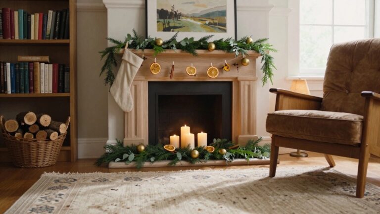 Cozy indoor fireplace mantel decorated with layered evergreen garland, dried orange slices, gold ornaments, white ribbon, and candles on a stone hearth, with bookshelves, a brown stocking, framed art, and a tan armchair nearby.