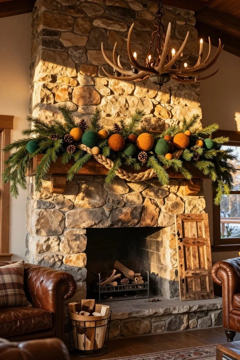 Stone fireplace mantel with layered green pine garland including pinecones, braided rope, orange and green felt balls, and small oranges, firewood basket and leather armchairs on sides, antler chandelier overhead.