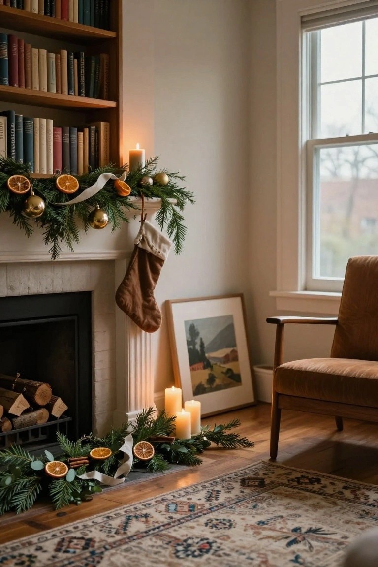 Cozy indoor fireplace mantel decorated with layered evergreen garland, dried orange slices, gold ornaments, white ribbon, and candles on a stone hearth, with bookshelves, a brown stocking, framed art, and a tan armchair nearby.