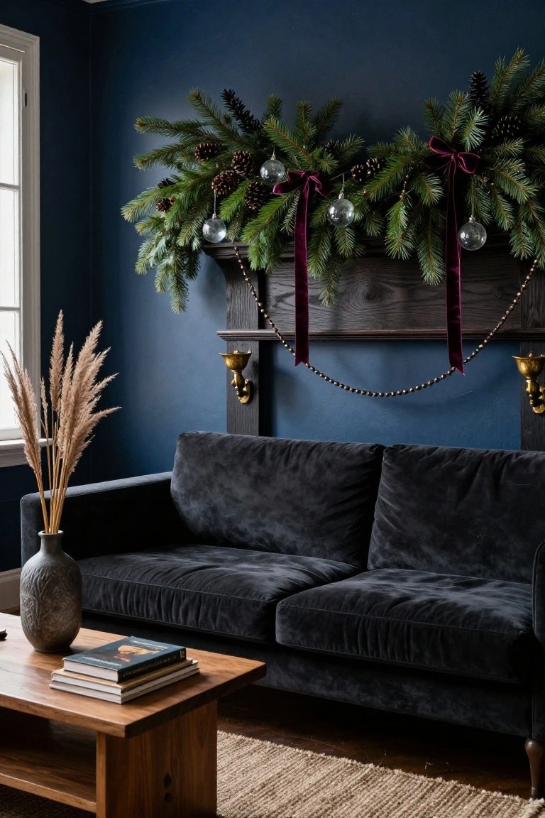 Navy blue living room with dark wood mantel decorated in layered fir garland, pinecones, glass ornaments, purple velvet ribbons, and beaded chain, beside black velvet sofa, wooden coffee table with books, and pampas grass in textured vase on seagrass rug.