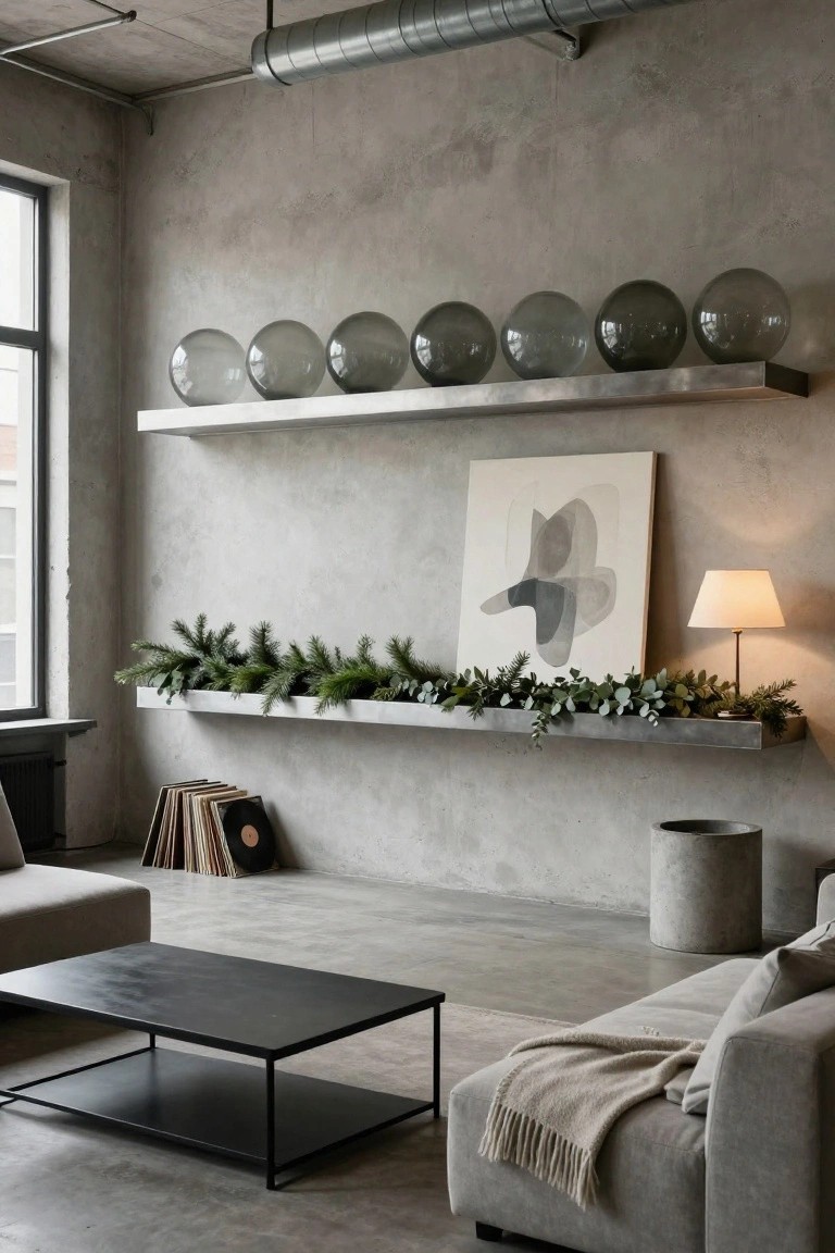 Industrial living room with concrete walls and exposed ducts, featuring upper floating shelf with smoked glass orbs, lower shelf with layered fir and eucalyptus garland, abstract painting, table lamp, gray sofa, black metal coffee table, and stacked vinyl records.
