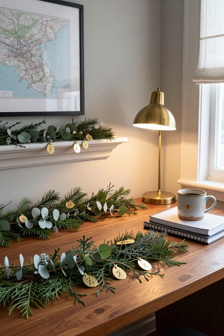 Wooden desk with layered garland of green pine branches, eucalyptus leaves, and hanging gold circular ornaments, matching garland on shelf above, gold lamp, white mug with coffee, stacked notebooks, and framed map on wall in light-filled room.