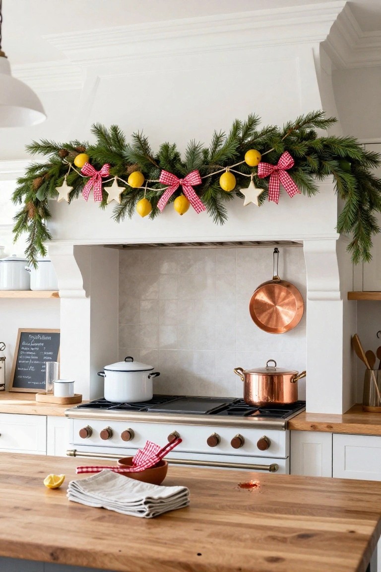 Kitchen with white range hood decorated by layered garland of evergreen branches, lemons, stars, and red plaid ribbons, above a white stove with copper pots on hooks and wood countertop.