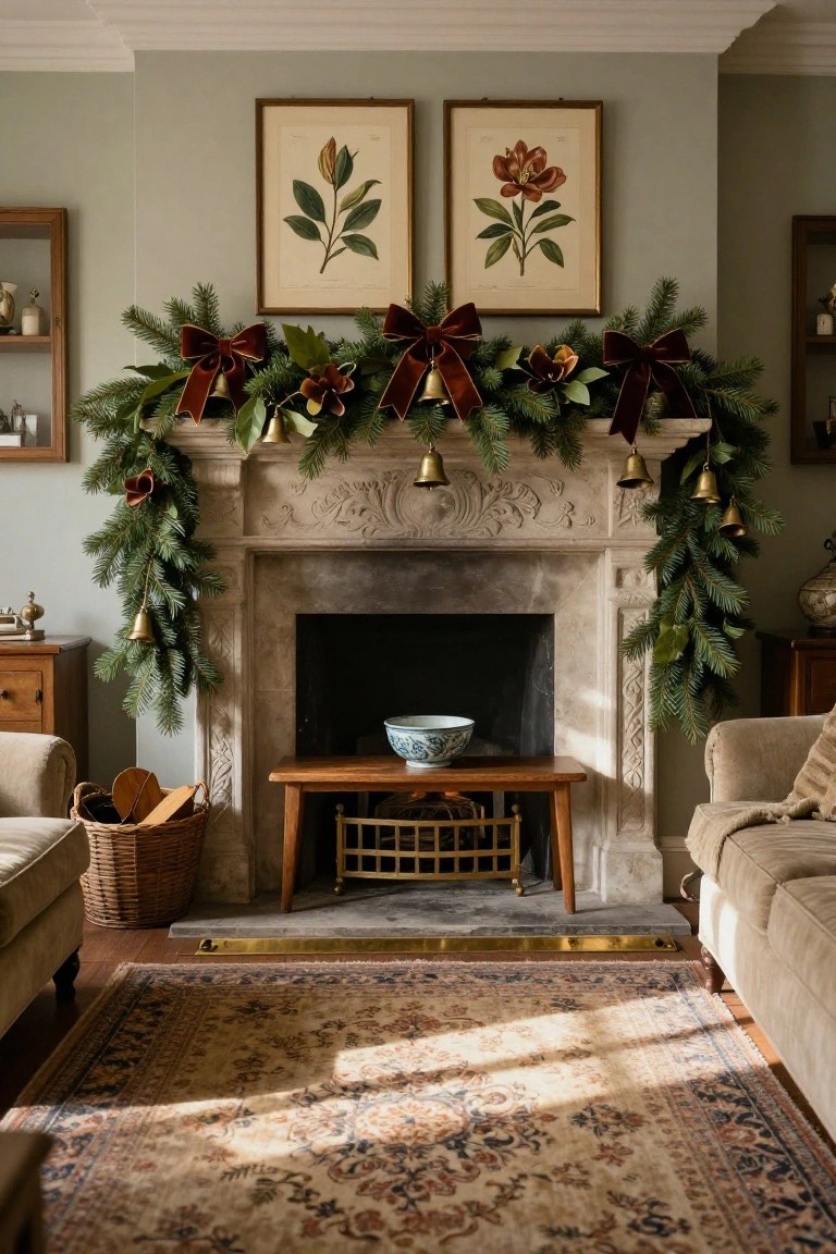 Ornate stone fireplace mantel in a pale green living room decorated with layered evergreen garland, red velvet ribbons, brass bells, magnolia leaves, and berries, with a wood basket of fire tools nearby, cream armchairs, and a patterned rug on the floor.