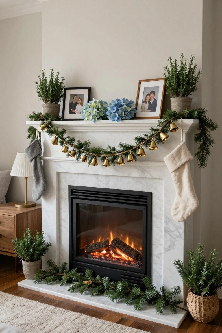 Marble fireplace mantel decorated with evergreen garland strung with gold bells, white and gray stockings hanging from ends, blue hydrangeas and potted rosemary plants on top, family photos nearby, and lit gas fire in the hearth.