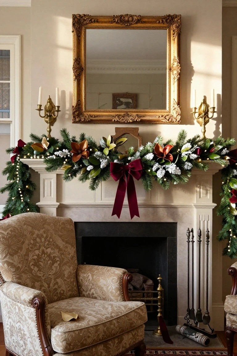 Gold-framed mirror above a stone fireplace mantel decorated with layered evergreen garland including pine branches, magnolia leaves, berries, white flowers, fairy lights, and a large red velvet bow, flanked by gold candelabras in a beige room with two cream armchairs.